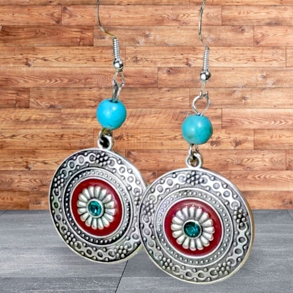 Boho Western Chic Dangle Drop Earrings Pierced Antique Silver Red Turquoise - Picture 8 of 16